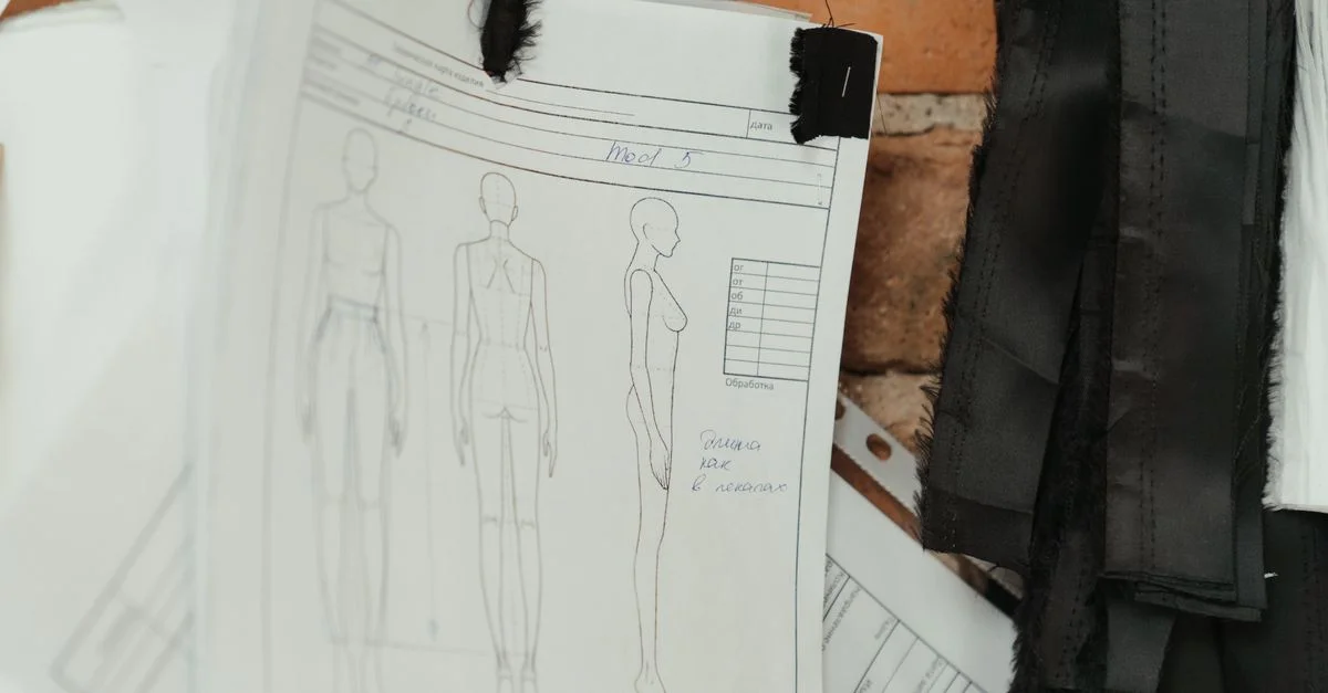 Primer plano de bocetos de diseño de moda y patrones de costura en un entorno de taller.