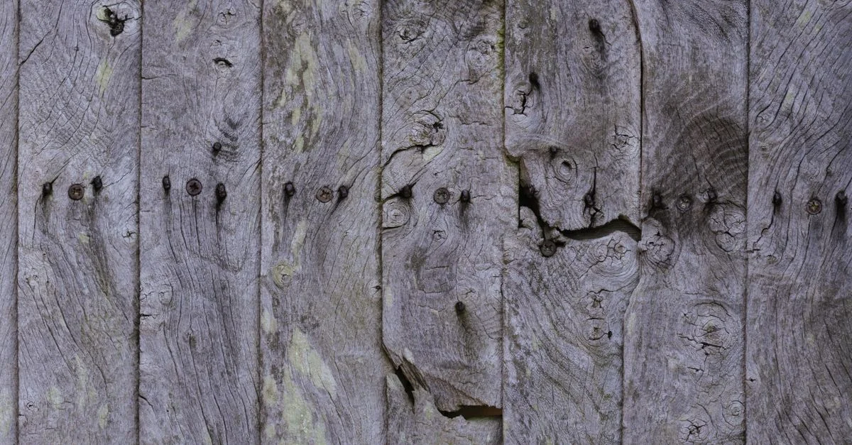 Acercamiento de viejas tablones de madera marchita con clavos, mostrando textura rústica y grano natural.