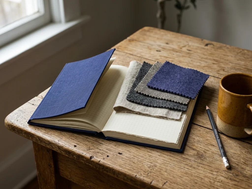 Escritorio de diseño con muestras textiles, cuaderno azul marino y una taza sobre madera.