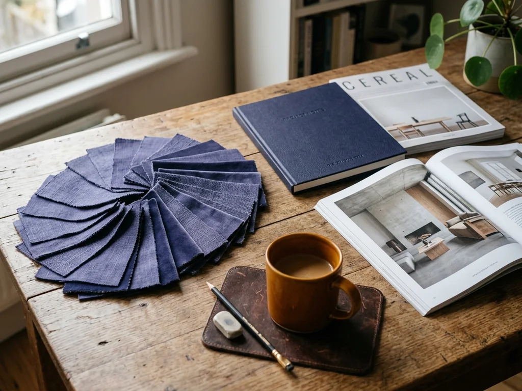 Mesa de trabajo creativa con muestras textiles y revistas que representan el proceso del equipo.