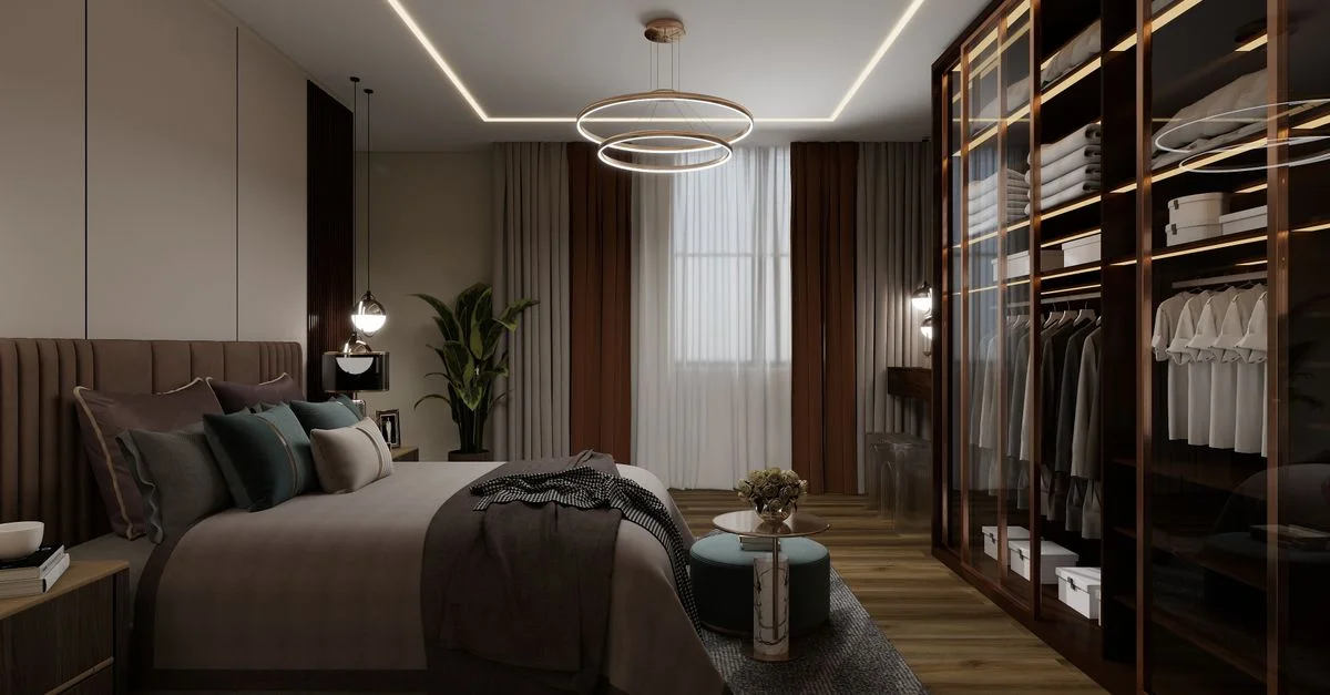 Elegante dormitorio moderno con un lujoso vestidor y una decoración con estilo.