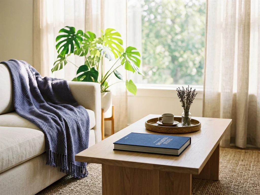 Salón acogedor con muebles de madera clara y detalles en azul, reflejando un hogar soñado.